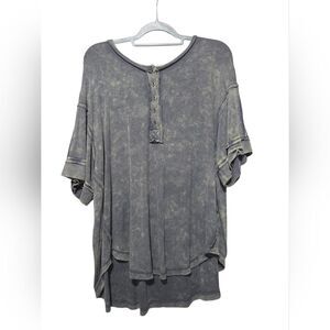 NEW Sewn + Seen Oversized Mineral Wash Gray Scoop Neck Henley Large